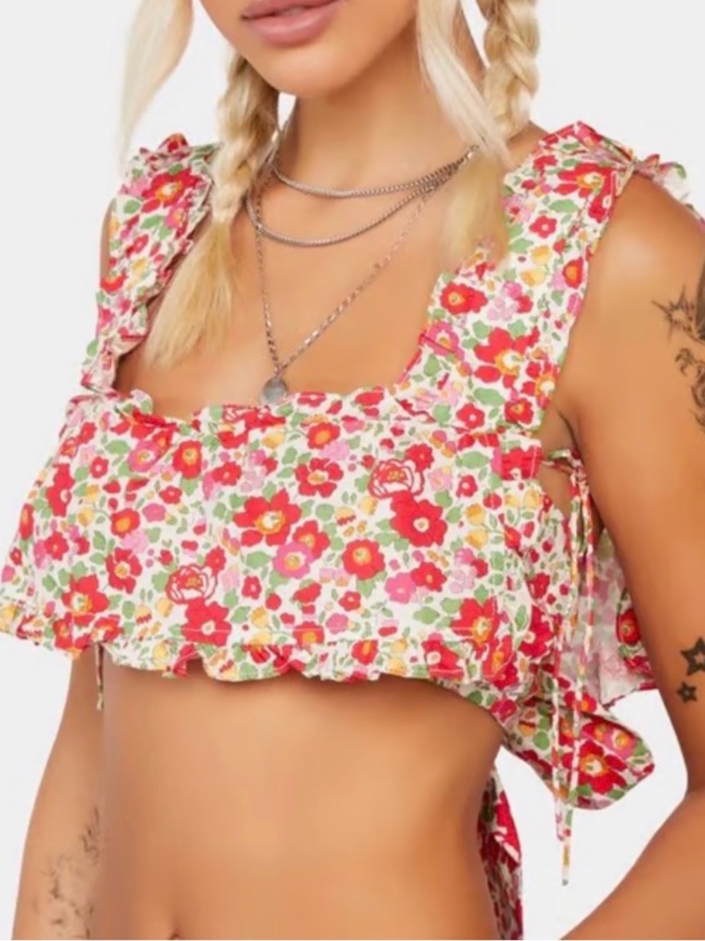 For Love & Lemons Pink and Green Floral Tie-Detail Bikini Top - Picture 6 of 7